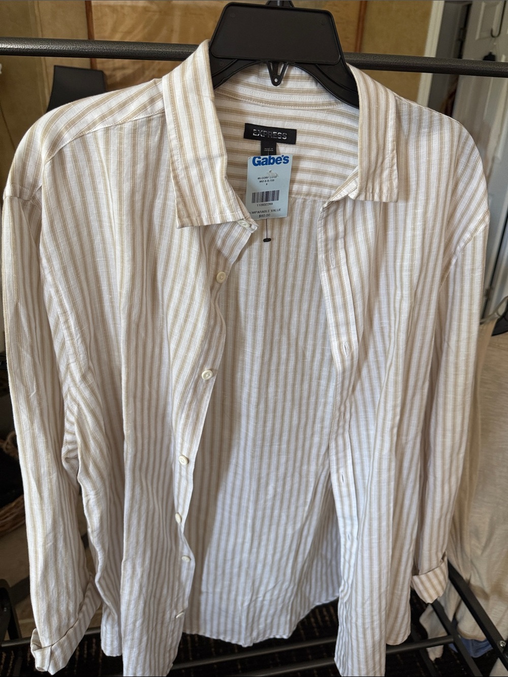Express Women’s White and Beige Striped Casual Button-Down Shirt